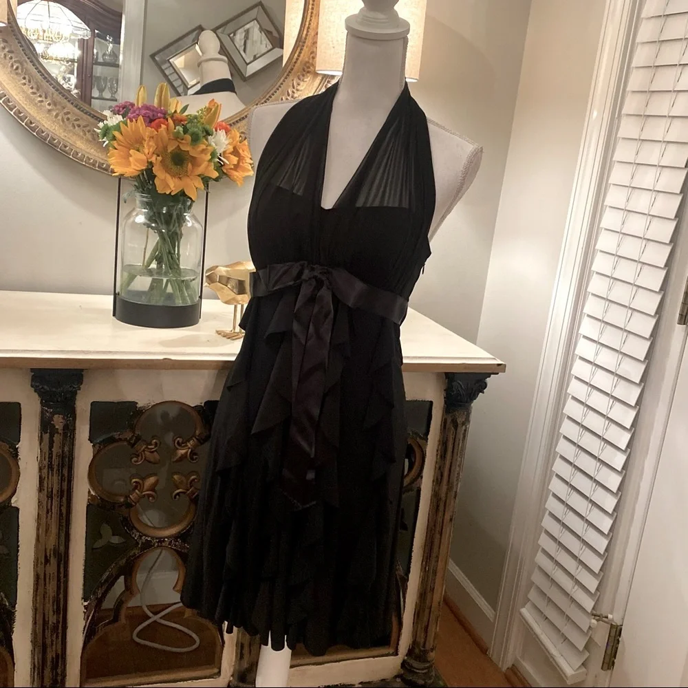 π€ Betsy & Adam Sexy Black Halter Dress Tiered Skirt & Padded Bust 8 Petite β¨ - Picture 2 of 7